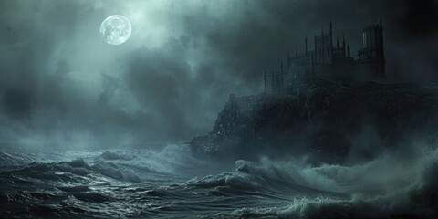 A medieval castle on a misty cliff, overlooking a turbulent sea, under a full moon. Resplendent. - Powered by Adobe