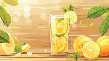 Glass of healthy lemonade and citrus fruits on wooden