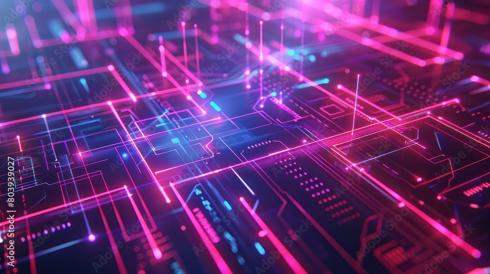 Poster futuristic background with digital lines and neon lights forming intricate patterns, suggesting tech