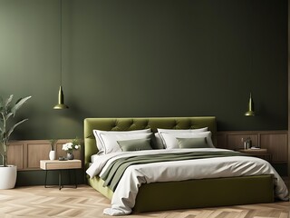  Modern rich luxury bedroom with lime olive color bed velor and khaki dark green painting wall. Minimalist interior design home or hotel. Empty mockup wall for art. wood parquet details. 3d render 
