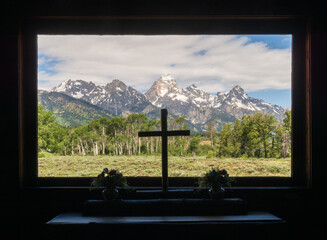 The rustic log Chapel of the Transfiguration at the Grand Teton National Park in Northwestern...