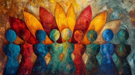 Colorful abstract painting of women holding hands in a circle.