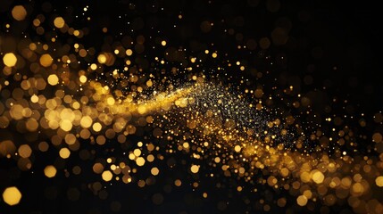 Glittering gold particles on dark background, adding sparkle and glamour to festive designs or advertisements.