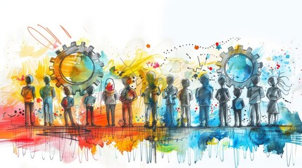 Colorful watercolor painting of people of various shapes and sizes holding hands in front of two large gears.