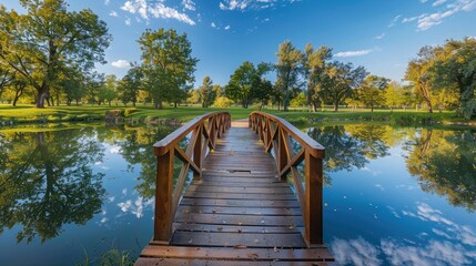 Idyllic wooden bridge crossing a peaceful pond, reflecting the surrounding trees and blue sky on its tranquil surface.