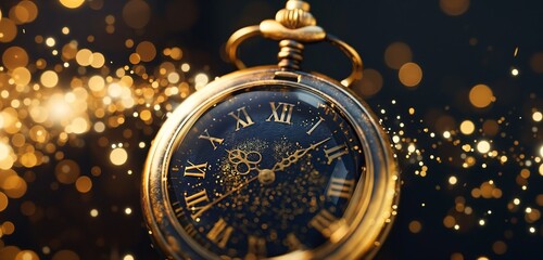 A close-up of a vintage, gold pocket watch open at midnight, surrounded by a spray of golden sparkles against a dark background.