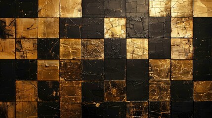 Luxe gold mosaic tiles on black background, creating a sense of luxury and refinement in interior design.