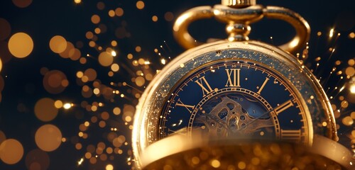 A close-up of a vintage, gold pocket watch open at midnight, surrounded by a spray of golden...