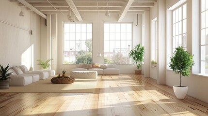 Fototapeta premium Natural light flooding into a room with wide-plank wooden flooring, creating a bright and airy atmosphere.