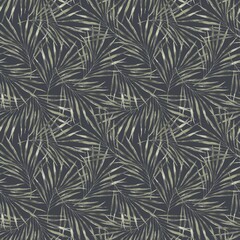 Tropical palm pattern. Watercolor seamless pattern in monochrome style, hand drawn on a blue background. Exotic design for fabric, packaging, cosmetics, invitations, banner, spa, perfume, travel. © ValentinaSova