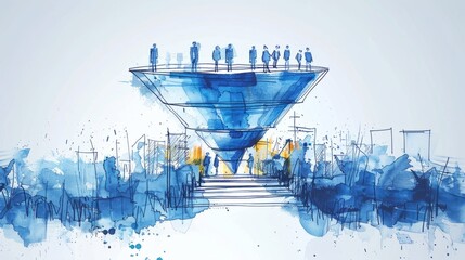 Illustration of a funnel with people at the top and a crowd of people below.