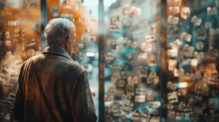 An old man gazes longingly through the window of a toy store.