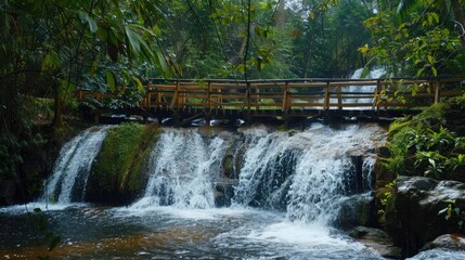 Picturesque timber footbridge crossing a serene waterfall, offering a breathtaking view of cascading water and lush greenery.