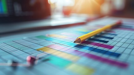 A yellow pencil sits on a desk with a financial graph in the background.