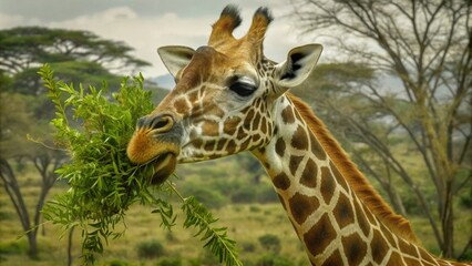 A giraffe eating leaves from the top of trees in an African savannah in a closeup shot. - obrazy, fototapety, plakaty