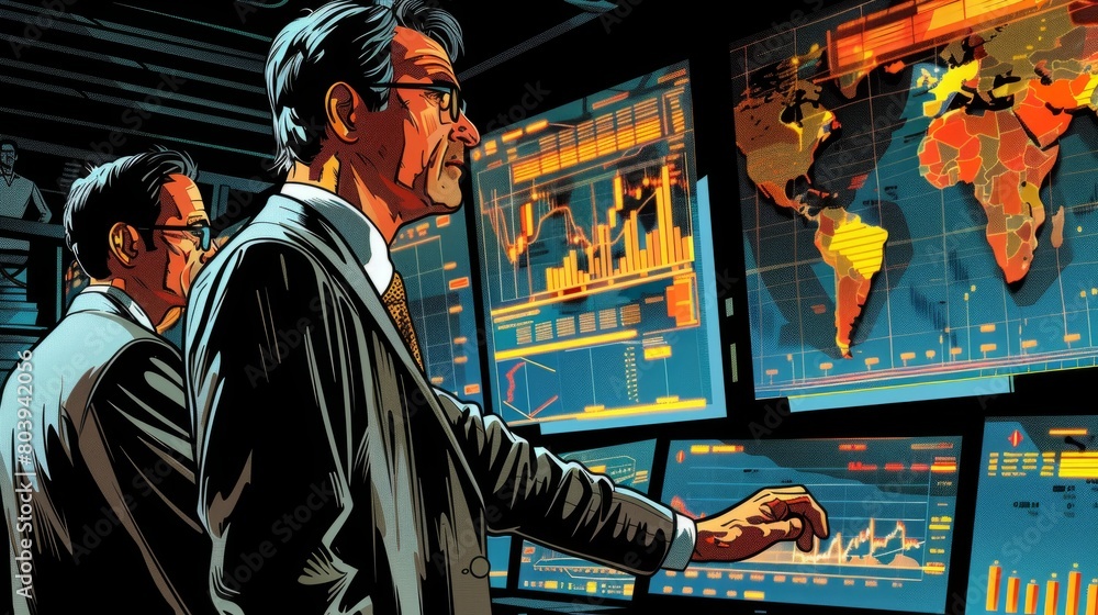 Poster illustration of two men in suits looking at a large screen with graphs and a world map.