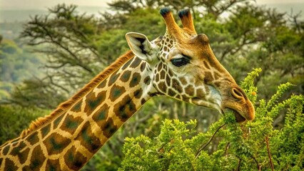 Obraz premium A giraffe eating leaves from the top of trees in an African savannah in a closeup shot.