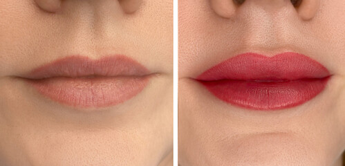 collage of permanent makeup on the lips of a young woman of a delicate peach shade close-up, a girl...