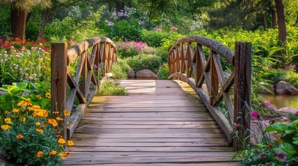 Obraz premium Scenic wooden footbridge connecting two parts of a garden, adorned with blooming flowers and winding vines.