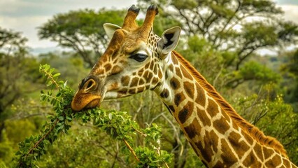 A giraffe eating leaves from the top of trees in an African savannah in a closeup shot. - obrazy, fototapety, plakaty