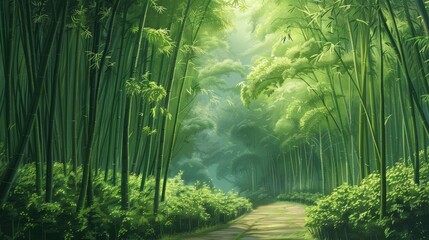 Serene backdrop of bamboo grove with gently swaying stalks and curving pathways, creating a sense...