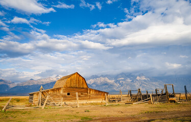 The John Moulton Barn and the Teton Range at Grand Teton National Park in Northwestern Wyoming