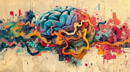 Colorful and abstract painting of a human brain with bright colors and a grunge texture.