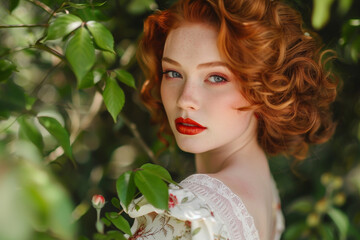 Beautiful red haired woman with a vintage dress,
