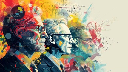 An illustration of three men in suits with colorful abstract shapes and symbols surrounding them.