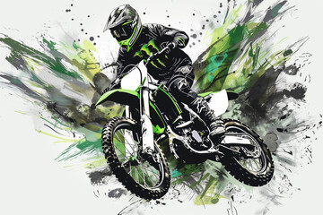 Vector graphics of motocross motifs featuring lightning bolts in shades of green, black, and grey. The designs are intended for jerseys and incorporate dynamic elements evocative of speed and power.  - obrazy, fototapety, plakaty
