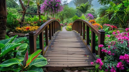 Wooden bridge winding through a lush botanical garden, surrounded by colorful flowers and verdant foliage.