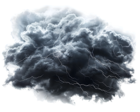 Black storm clouds with lightning on transparent background