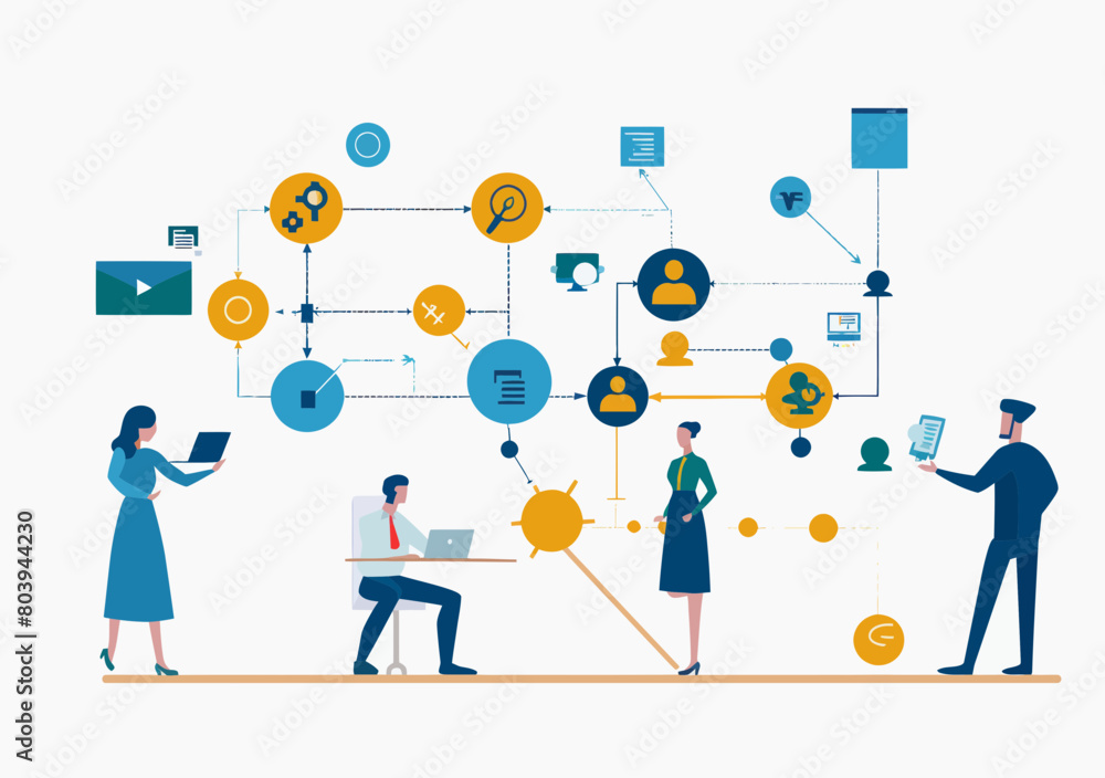 Poster business process map design - workflow diagram concept, vector illustration of business people drawi