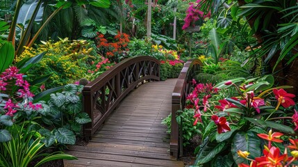 Obraz premium Wooden bridge winding through a lush botanical garden, surrounded by colorful flowers and verdant foliage.