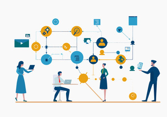 Business Process Map Design - Workflow Diagram Concept, Vector Illustration of Business People Drawing Flowchart for Strategy Implementation