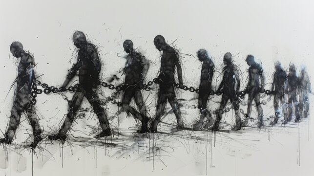 Black and white painting of faceless people walking in a row, chained together.