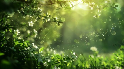 Defocused green trees in forest or park with wild grass and sun beams. Beautiful summer spring natural background.