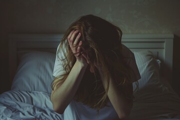 A woman in despair, isolated at home, reflecting domestic abuse.