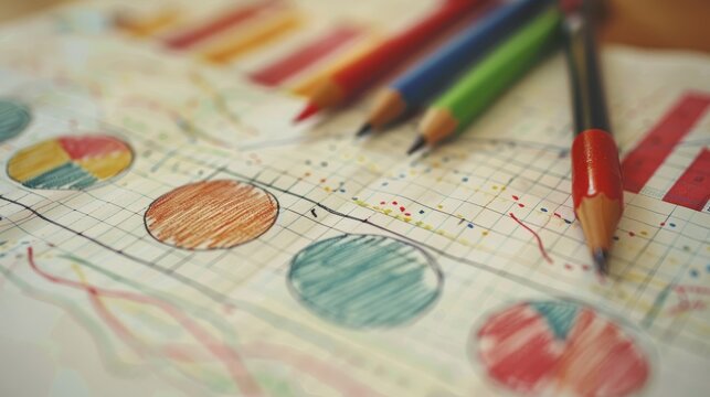 colorful pie charts and graphs with colored pencils