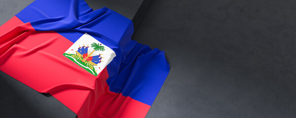Flag of Haiti. Fabric textured Haiti flag isolated on dark background. 3D illustration