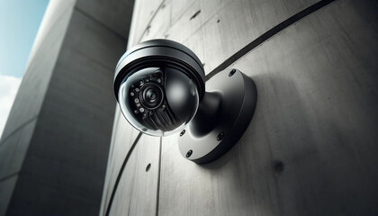 Close-up of a dome-shaped security camera attached to the smooth concrete surface of a city building. The high-resolution camera reveals a reflective black surface with visible screws and connections,