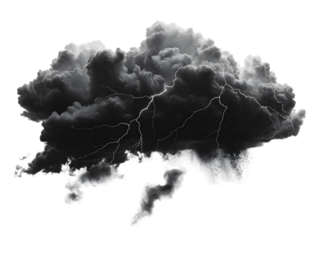 Black storm clouds with lightning on transparent background