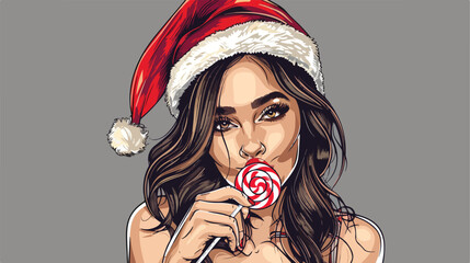 Grimacing young woman in Santa hat and with lollipop