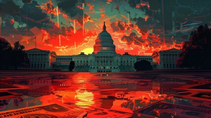 The image shows the U.S. Capitol building in a post-apocalyptic setting. The sky is red and the ground is covered in money.