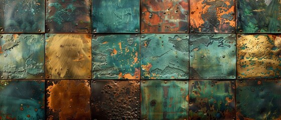 Weathered metallic textures in copper and bronze, with hints of verdigris green