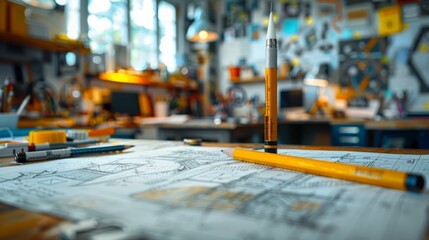 A yellow pencil is balanced on the tip of another yellow pencil on top of a table with blueprints