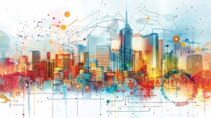 Colorful watercolor painting of a city skyline with a focus on technology and innovation.