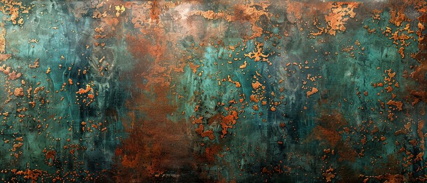 Weathered metallic textures in copper and bronze, with hints of verdigris green