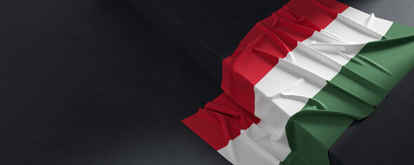 Flag of Hungary. Fabric textured Hungary flag isolated on dark background. 3D illustration