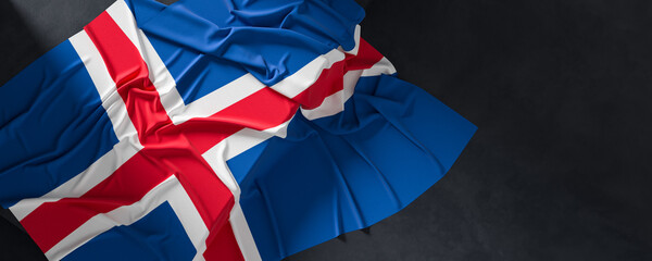Flag of Iceland. Fabric textured Iceland flag isolated on dark background. 3D illustration